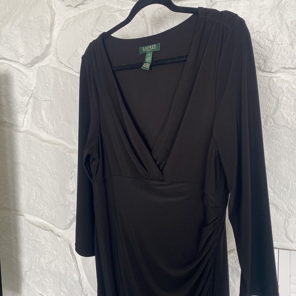 Lauren Ralph Lauren Dress 16 black v neck gathered on the side - Picture 1 of 12